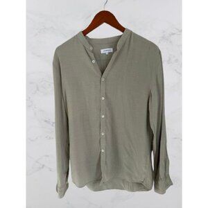 VENROY Linen Blend Button-up henley shirt tunic long sleeve pale sage Size Med